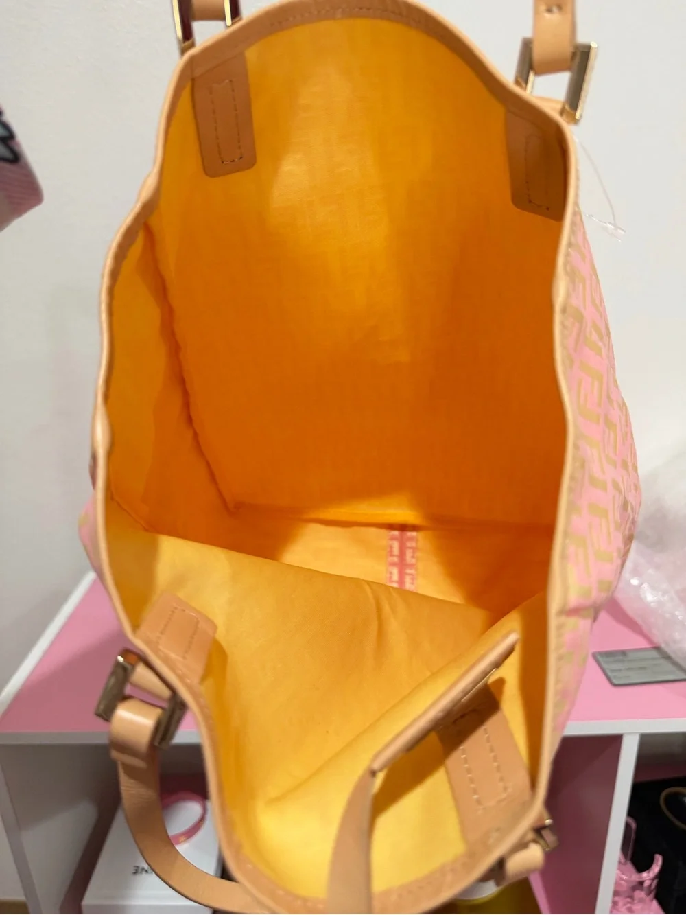Fendi Pink and Tan Zucca Monogram Tote with Pouch